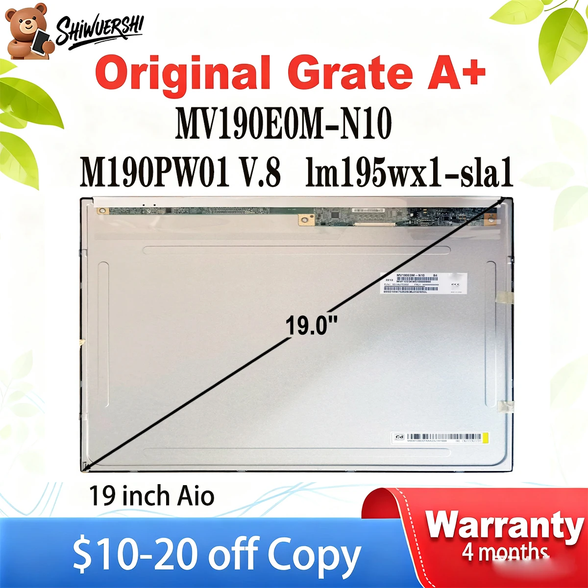 

Оптовая продажа 19-дюймовый оригинальный новый ЖК-экран MV190E0M N10 MV190E0M-N10 M190PW01 V.8 LM195WX1-SLA1 Замена панели дисплея