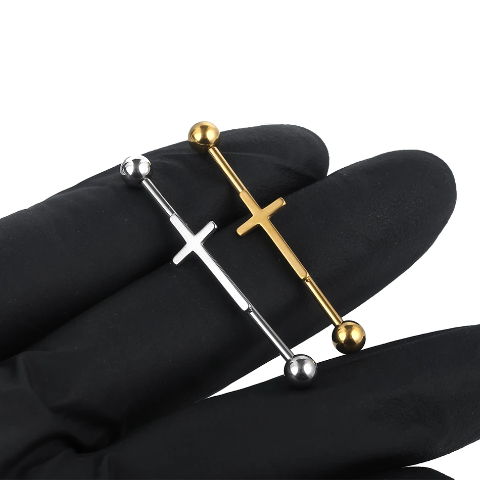 1PC Steel Cross Industrial Piercings Orelha Cartilagem Industrial Barbell Earrings Piercing Bar Scaffold Ear Cartilage Helix 14G