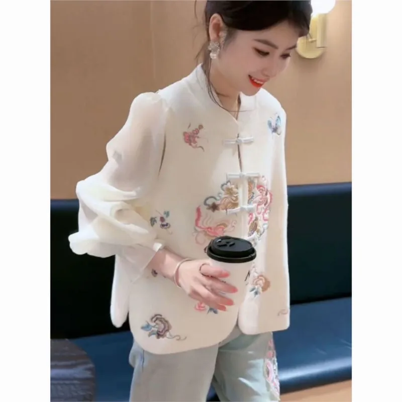 

Pregnant Women's Chinese Style Pan Button Stand up Collar Shirt Maternity 2025 Spring Improved Tang style Embroidered Top LH126