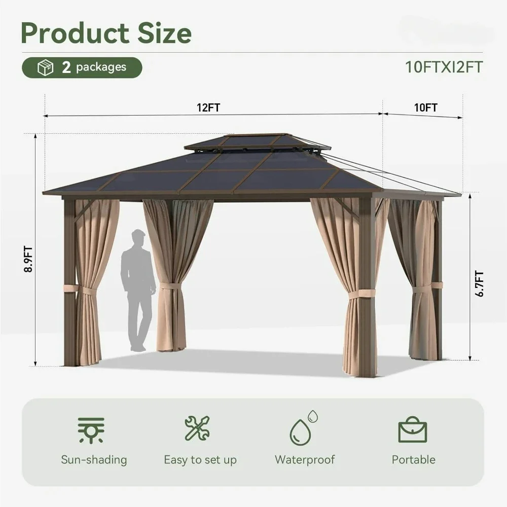 10' x 10' Gazebo Single Polycarbonate Top, Outdoor Polycarbonate Frame Permanent Pergolas with Curtains and Netting, for Patios