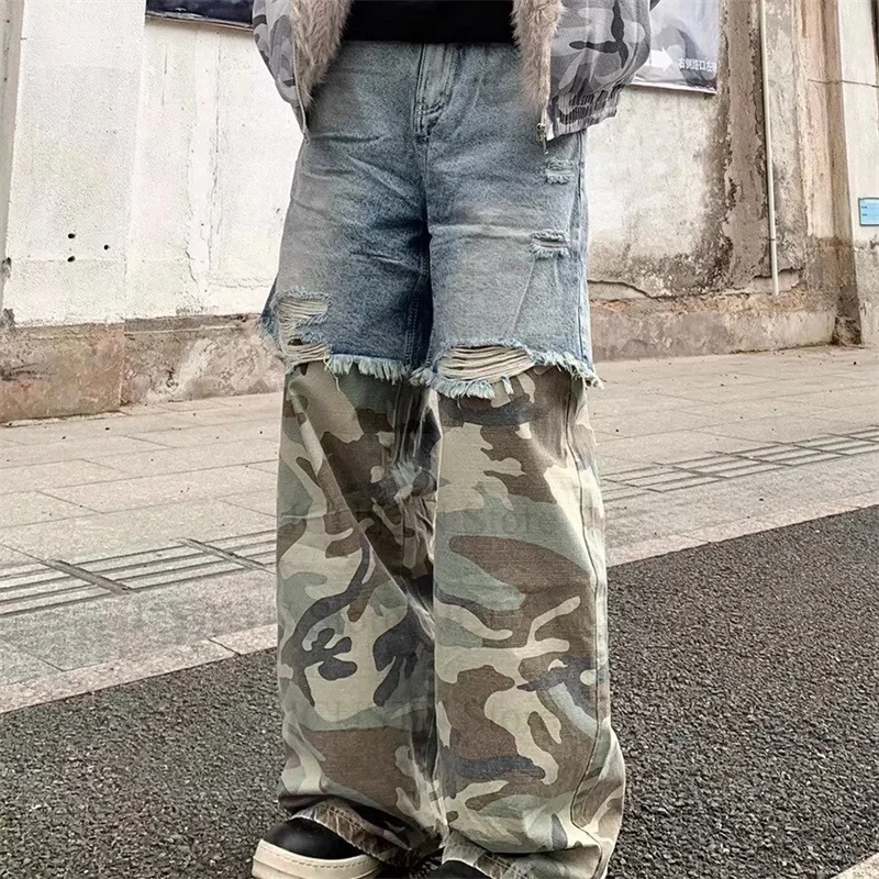 

Американские камуфляжные брюки High Street Y2K, мужские джинсы, свободные прямые брюки, модные джинсовые брюки-карго, уличная одежда