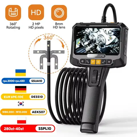 360 ° 스티어링 산업용 내시경 카메라, 8mm, 5 인치 IPS 스크린, 싱글 및 듀얼 렌즈 검사 보어스코프, 자동차 엔진 Pip용 1080P