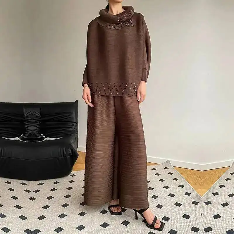 Sets 2 Pieces For Women Beading Loose Shirts With Wide Leg Pants Female Elegant Clothing 2025 Spring Autumn New 2GV8N