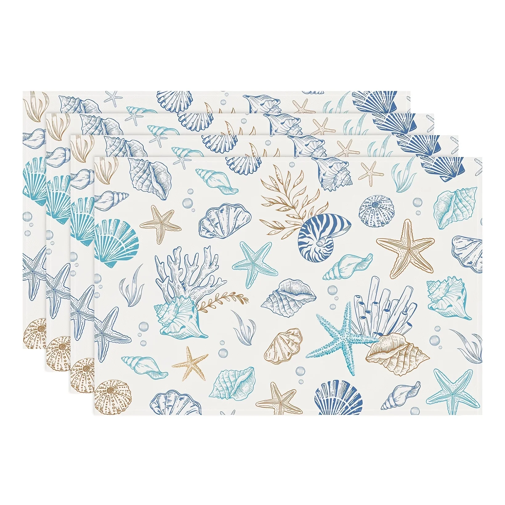 4/6/8pc Blue Shell Coral Placemats Linen For Beach Themed Tableware Artistic Design Home Accent