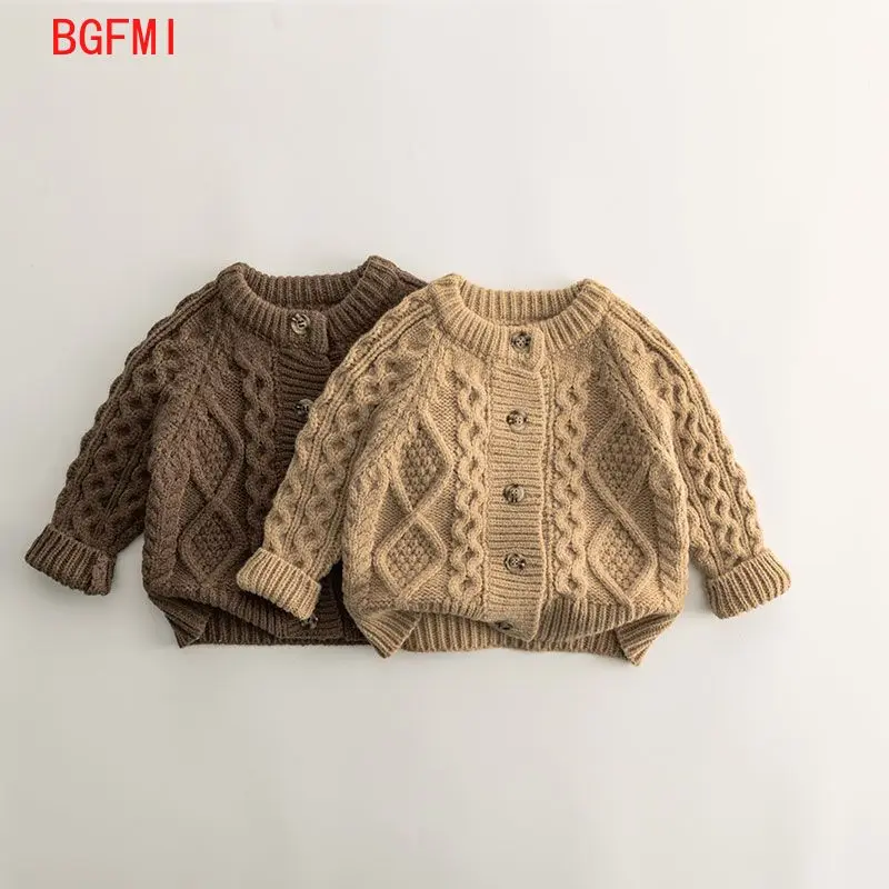 Children's Khaki Cardigan Fried Dough Twists Shaped Baby Thick Sweater Spring Fall 2026 Boys Knitwear Girls Coat Winter Clothing