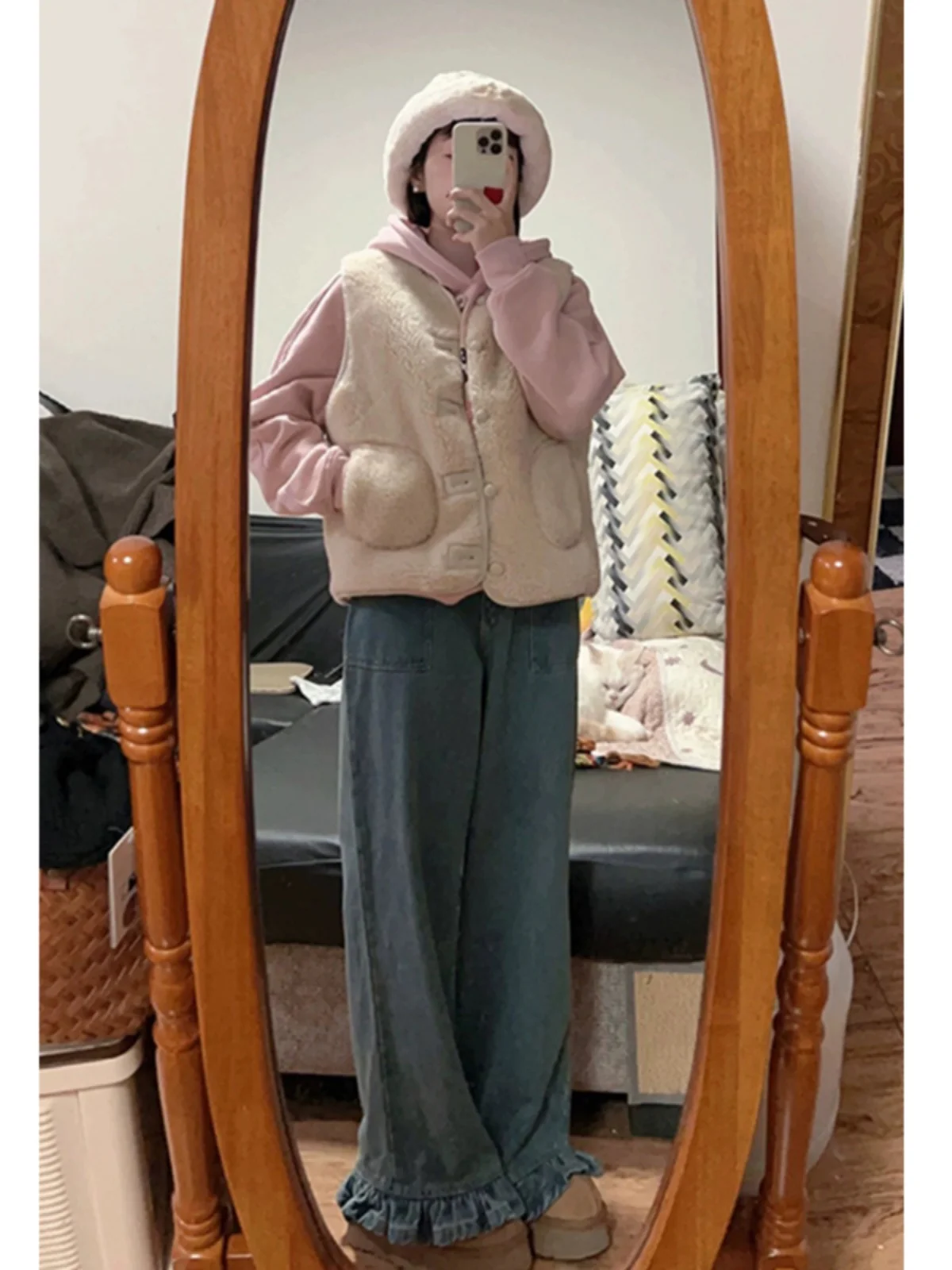 سترة فرو الحمل الكورية الفضفاضة للنساء، ملابس خريفية وشتوية عصرية غير رسمية، توب بدون أكمام مبطن، مقاسات كبيرة، متعدد الألوان