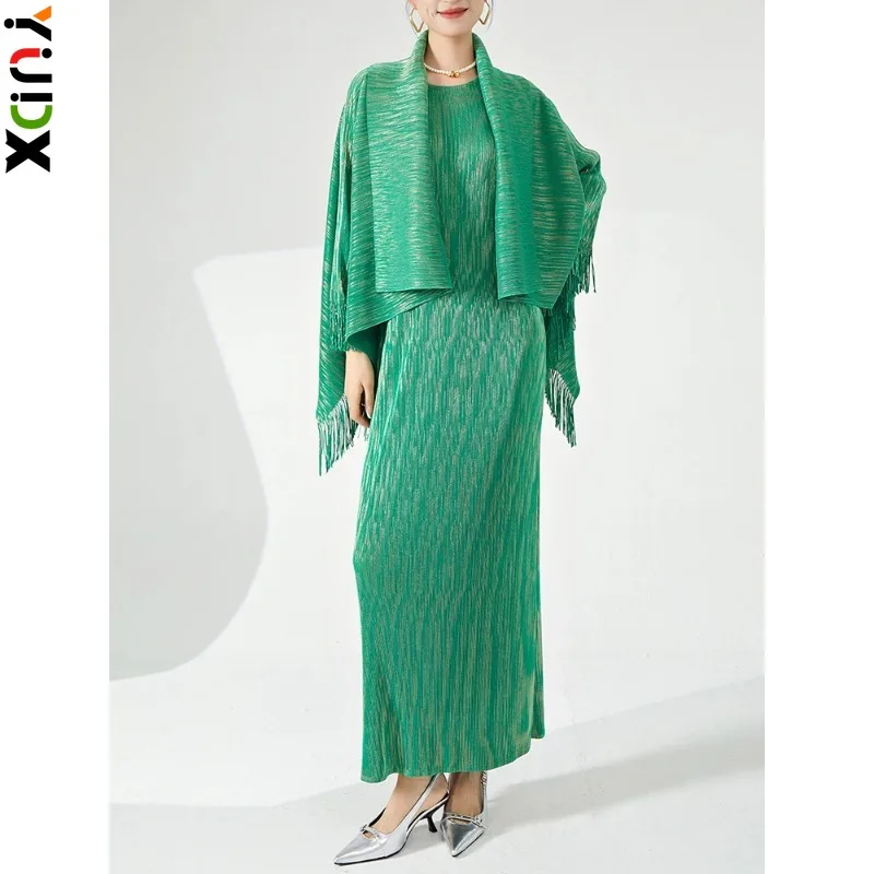 

YUDX Miyake Pleated 2 Pieces Set For Women Spliced Tassel Loose Shawl + Camisole Dress Elegant Evening Party Clothing 2024 New