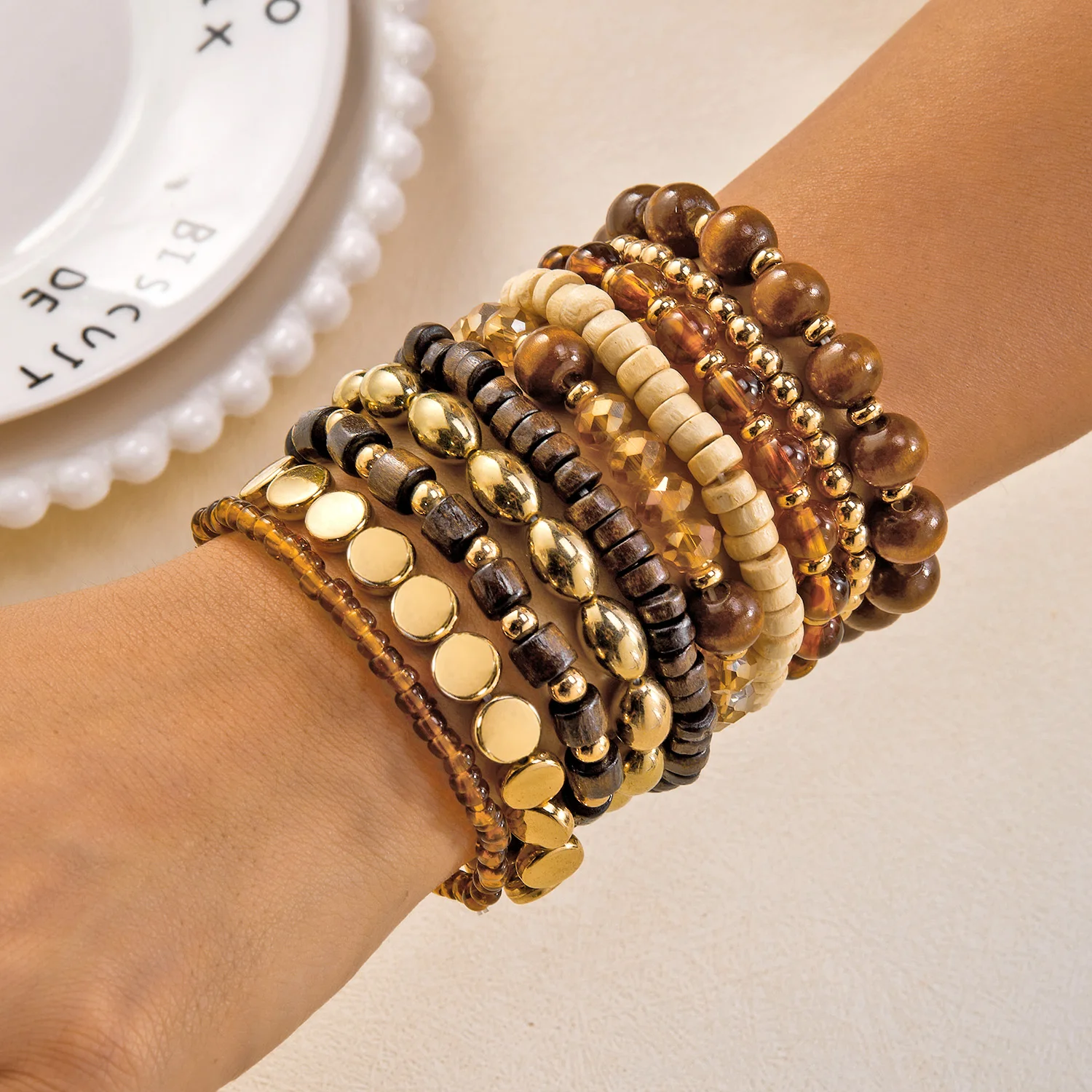 10 teile/satz Bohemian Chic Holz Perlen Mix Armband für Frauen Exquisite Kristall Kies Armbänder Freundschaft Schmuck Geschenke