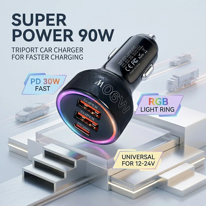3 Ports 90W Fast Car Charger Adapter Multi Color LED Ring Light PD 30W USB C Dual QC 3.0 Ports For iPhone 17 For Samsung Series