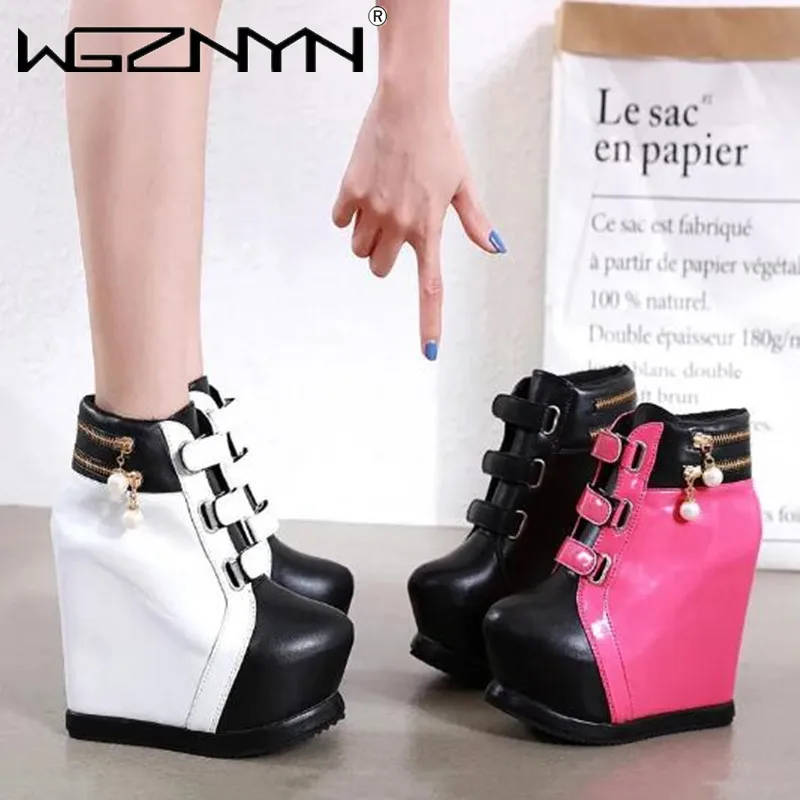 Luxury Wedges Shoes for Women Ankle Boots Mujer Thick Bottom Pearl Sexy High Slope Aurumn Winter Shoe Ladies Platform High Heels