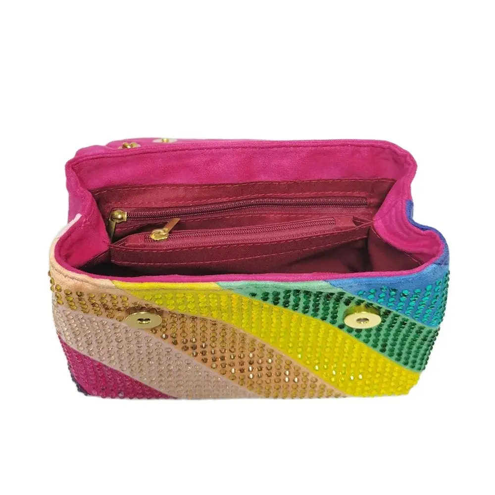 Rainbow Suede Women Purse Jointing Colorful Cross Body Bag Patchwork Stone Handbag