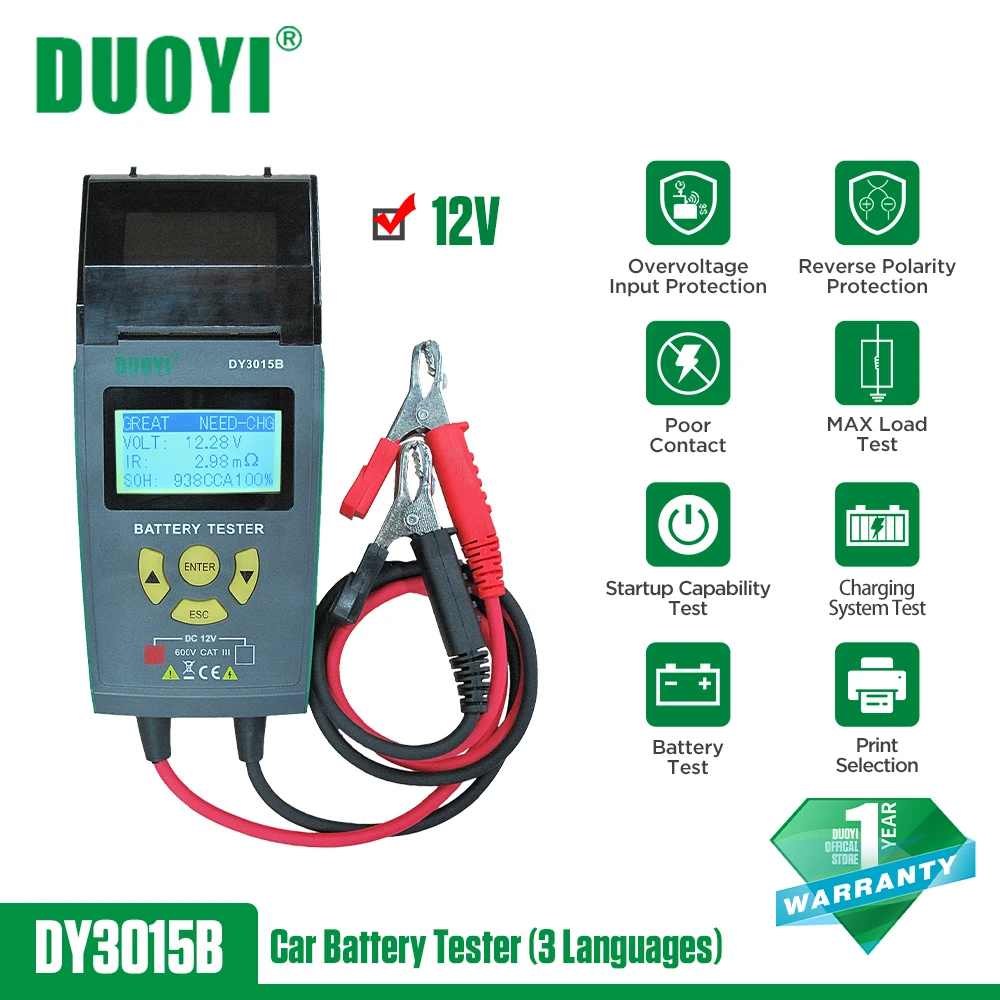 DUOYI DY3015C Car Battery Tester 12V UPS & 12V&24V Battery Analyzer CCA With Printer Multilanguage Six language option