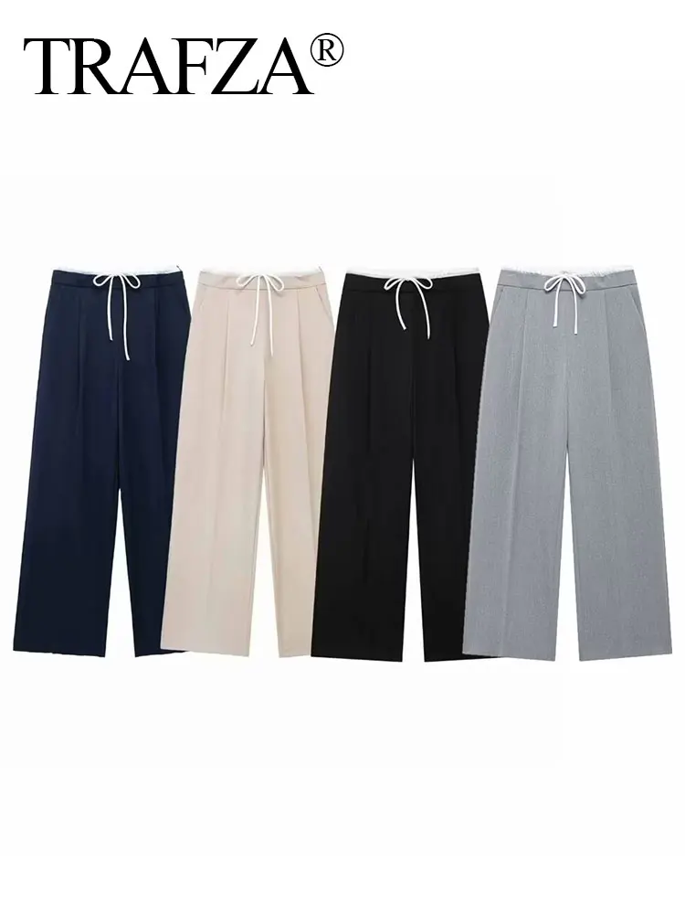 TRAFZA 2024 Woman Casual Patchwork Trousers Elastic Waist Loose Long Pants Female Wild Commute Women's  Wide Leg Pant Streetwear