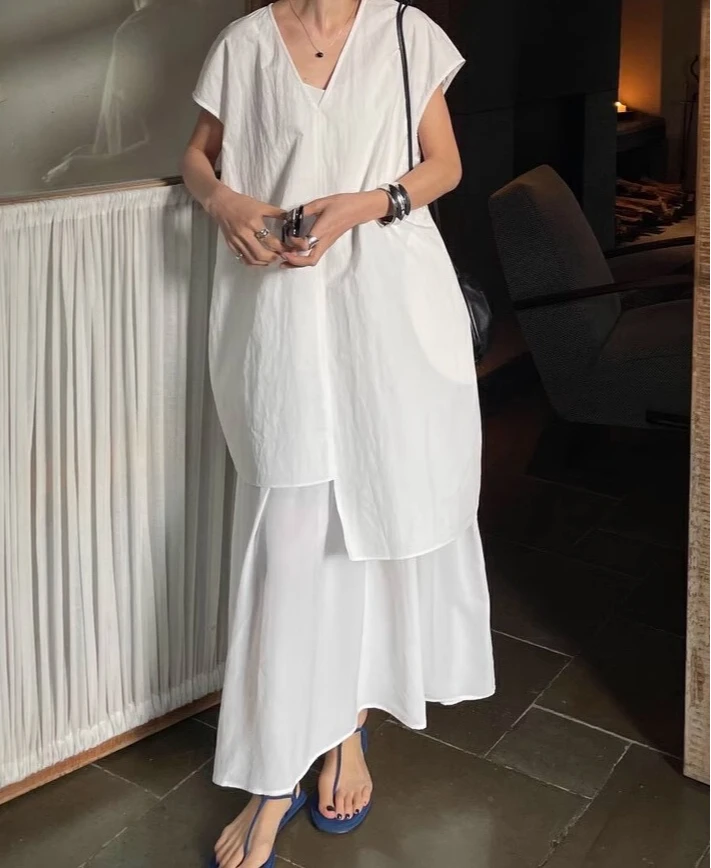 2026 Summer Fashion New Irregular Stacked V-neck Top Strap Dress Two Piece Set for Women