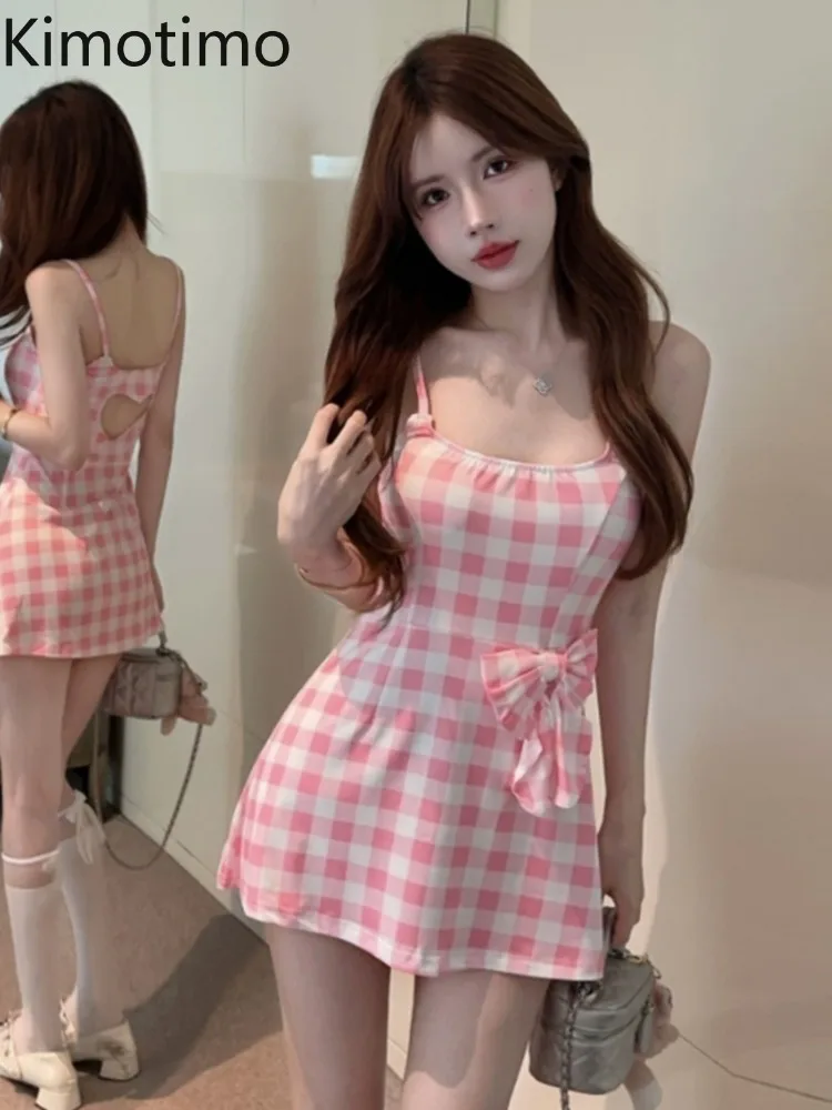 Kimotimo Hotsweet Heart Hollow Out Plaid Bow Dress Women Summer Sexy Spaghetti Strap Backless Waist Slim Fit A-line Mini Dresses