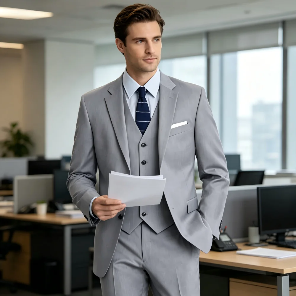 

Элегантный зеленый свадебный костюм-тройка для мужчин: пиджак с вырезами, брюки, жилет. Идеально подходит для делового стиля.