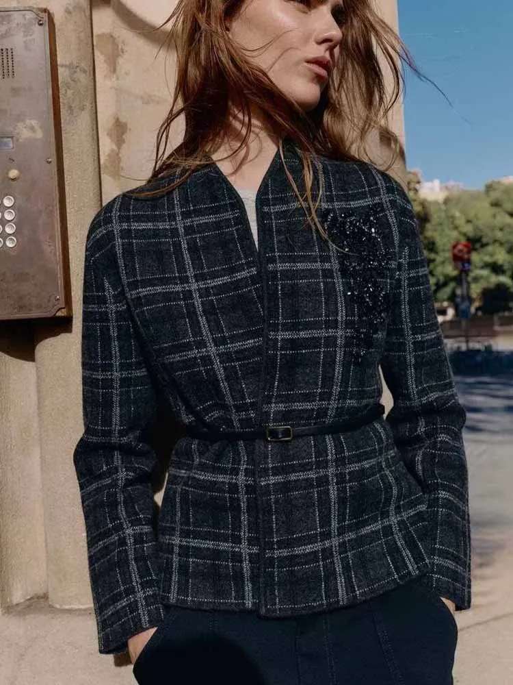 

European and American style winter new arrivals fashionable women's clothing V-neck plaid knit suit jacket with belt