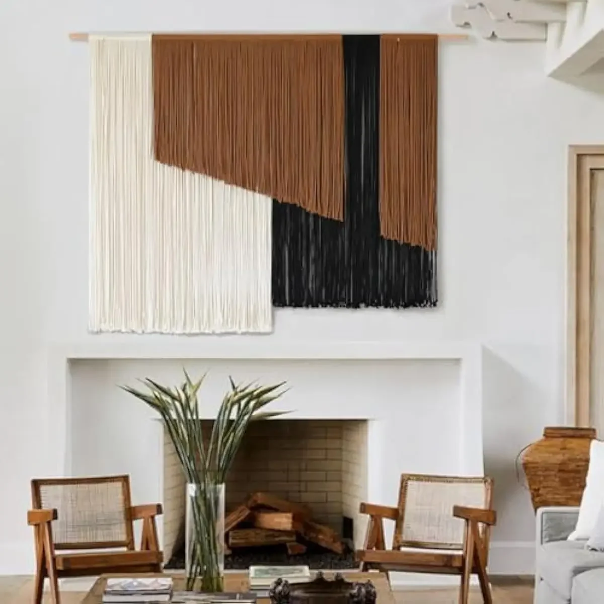 Macrame Wall Art Featuring Handcrafted Dip-Dyed Cotton Fibers in Earthy Brown White and Bold Black Accents Measures 57 Inches Wi