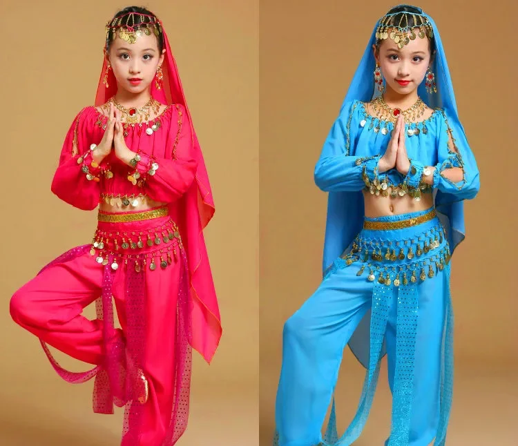 Costumi di danza orientale a maniche lunghe per ragazze a 4 colori per bambini vestito indiano con paillettes vestito da ballo Bollywood Performance sul palco