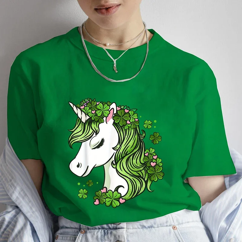 Koszulka z krótkim rękawem Shamrock & Horse Graphic dla kobiet Dziewczyny Pullover Tops Letnie ubrania Koszulki na Dzień Świętego Patryka dla kobiet