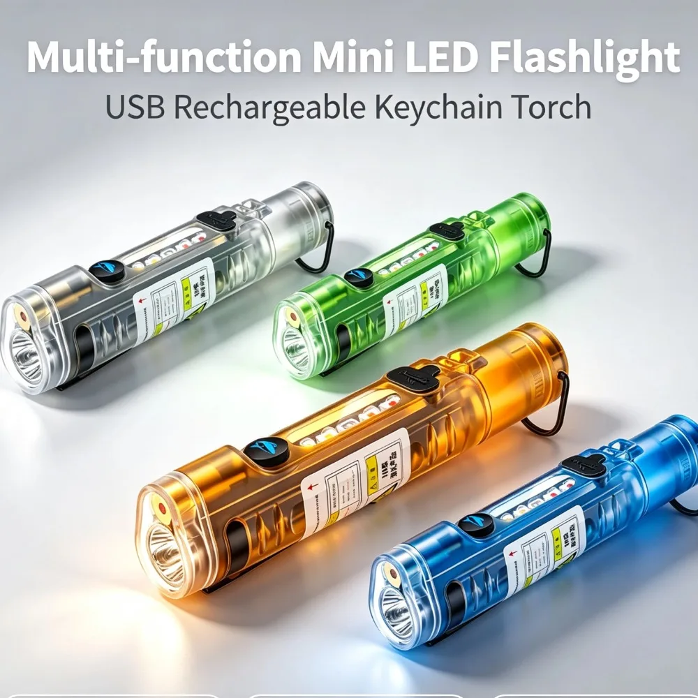 Multi-function Mini LED Flashlight USB Rechargeable Pocket Keychain Light Emergency Signal Light with Clip For Outdoor Camping