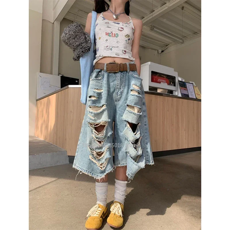 

Vintage Streetwear Ripped Y2K Denim Shorts Women American Retro High Waist Baggy Wide Leg Trousers Straight Knee Length Pants