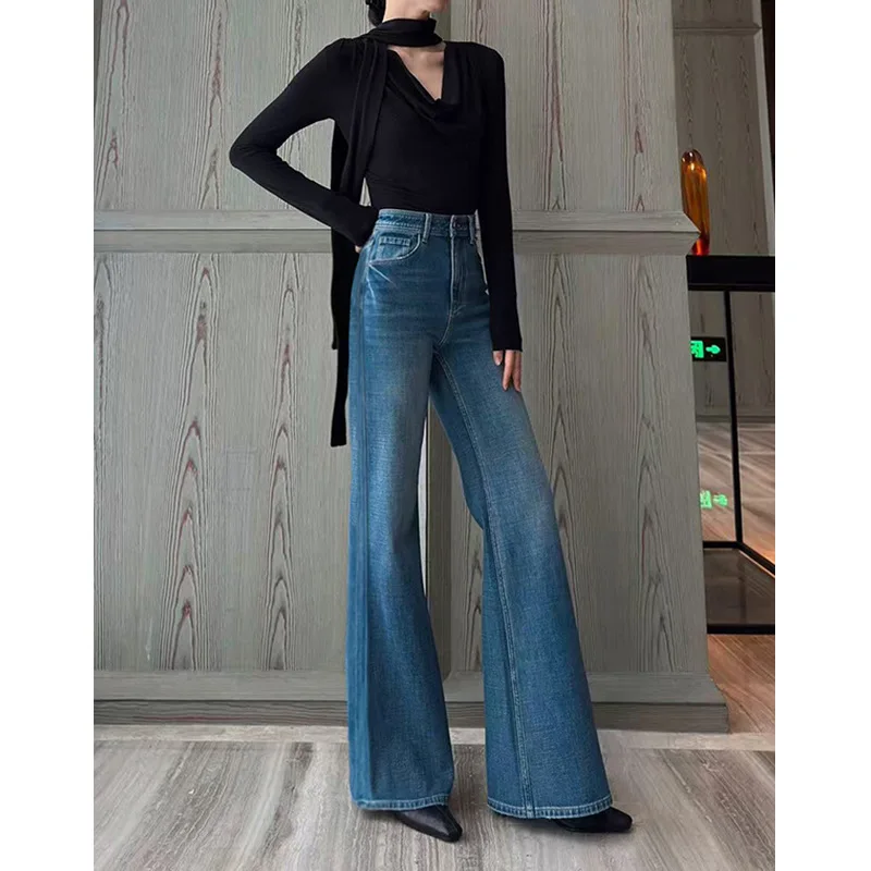 Blue Bell Bottom Jeans Four Way Stretchy Comfortable Spring New Style High Waist Cotton Denim Pants Versatile Casual Elegant
