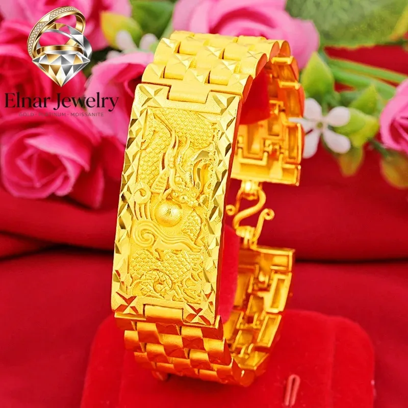 Elnar Jewelry Men's 24K Gold AU999 Dominant Dragon Head Watch Chain Bracelet Magnetic detachable head with inscriptions, imposin