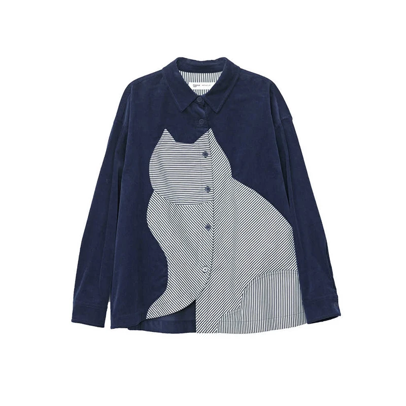 MOVEUP Women's Corduroy Shirt 2026 Autumn 100% Cotton Cat‑Shaped StripeTops Lapel Long‑Sleeve Loose Casual Shirts 3ELQ20431