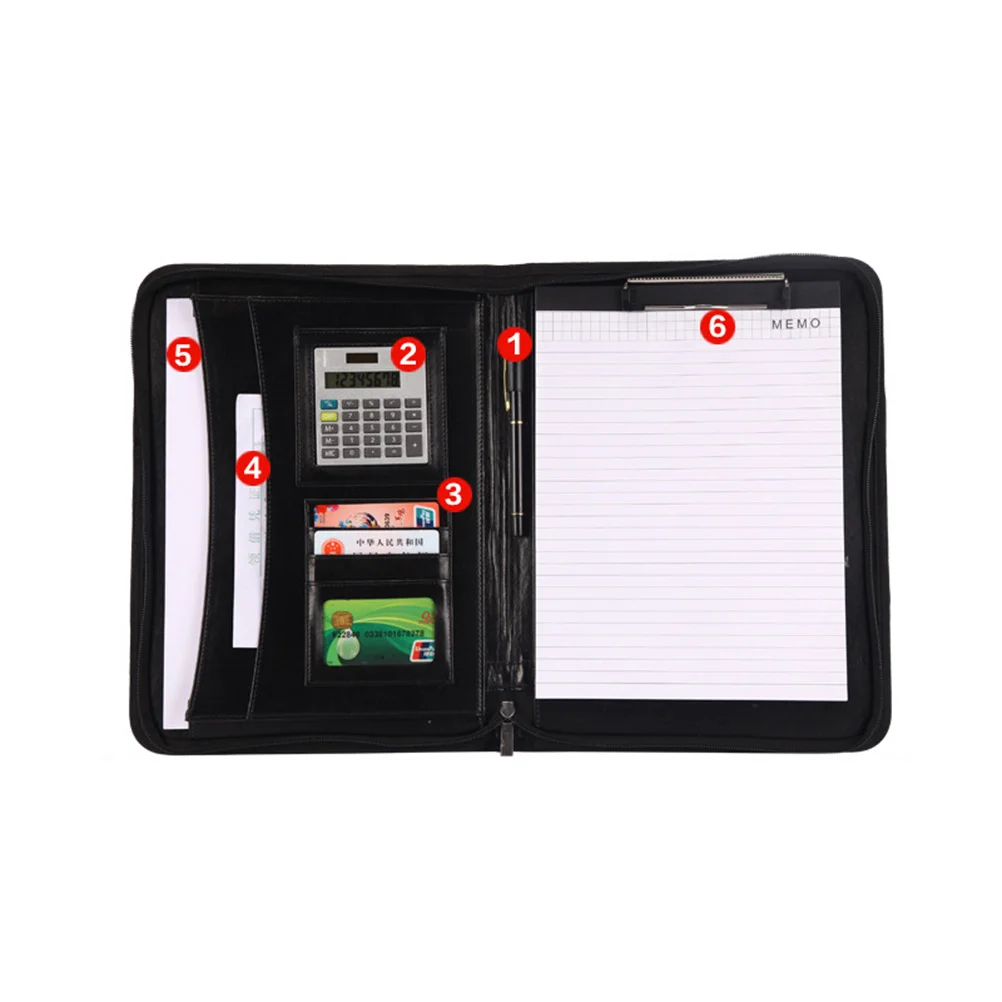 

A4 Zipper Portfolio Pu Business Office Organizer With Calculator Pen Loops Multifunctional Document Case For Papers