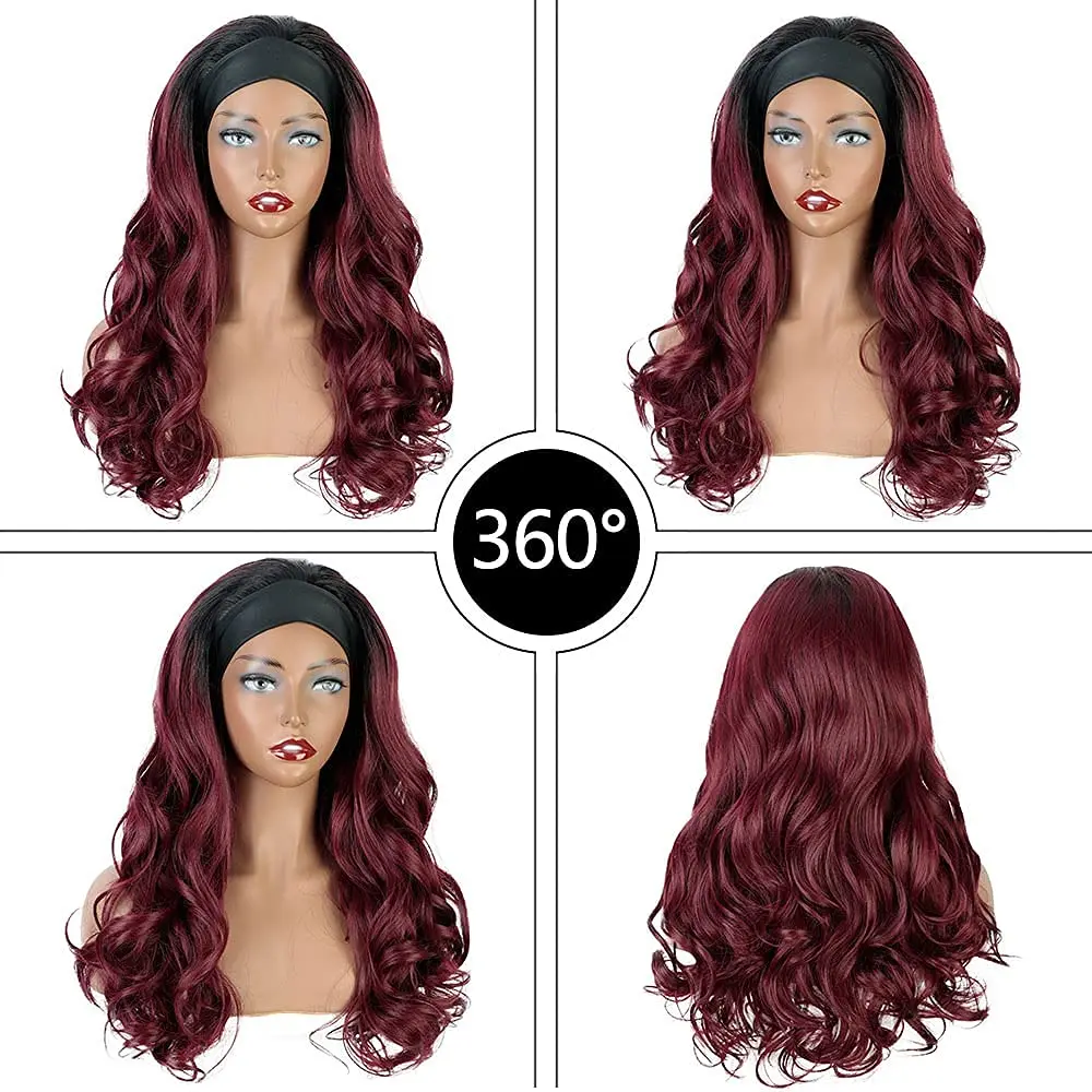 Synthetic 24inch Curly Headband Wigs Gradient Red for Black Women Glueless Wig with Headband Heat Resistant for Daily Use