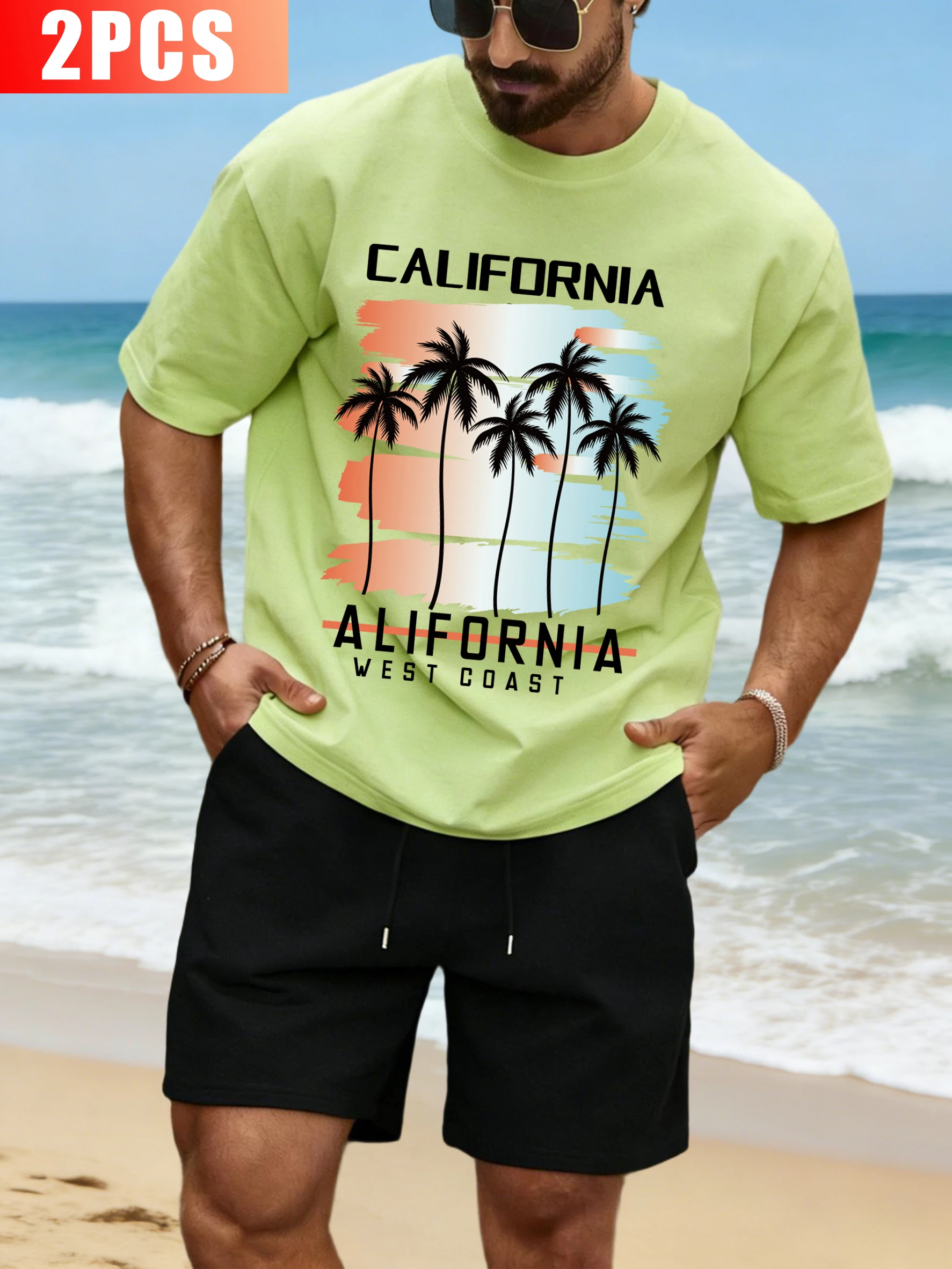 

California West Coast Printed Man T-Shirt Suit Summer Loose O-Neck Cotton Tee Trendy Drawstring Shorts Unisex All-Match Clothes