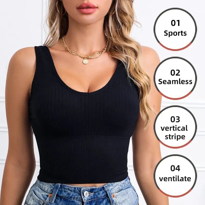 Women Seamless Bra Camisole Underwear Crop Top Free Size Black Khaki Green Vertical Stripe Girl Breathable Sports Fitness Yoga