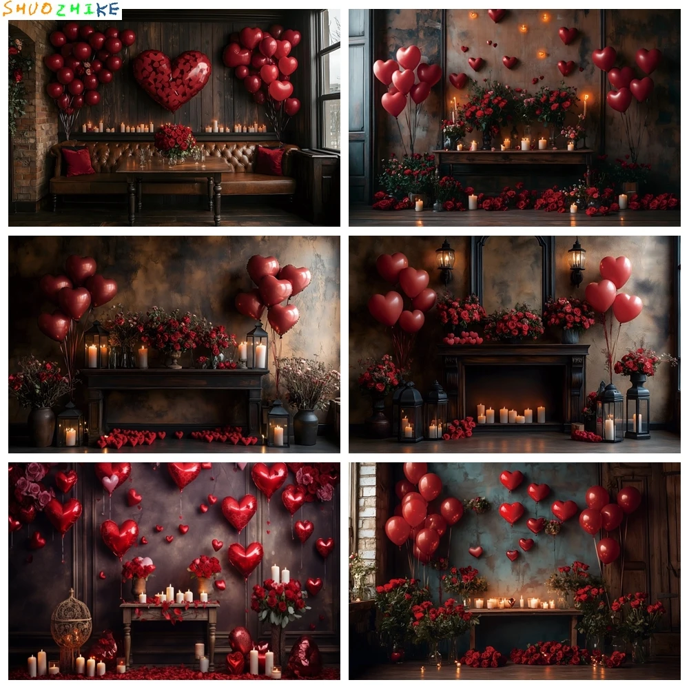 

Valentine's Day Photography Backdrop Retro European Castle Fireplace Red Rose Love Balloon Wedding Party Decoration Background