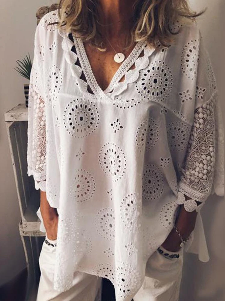 

Summer Women blouse hollow out girl shirts Half Sleeve Cotton Linen Hollow Out Lace Patchwork Shirt female Blouse Tops