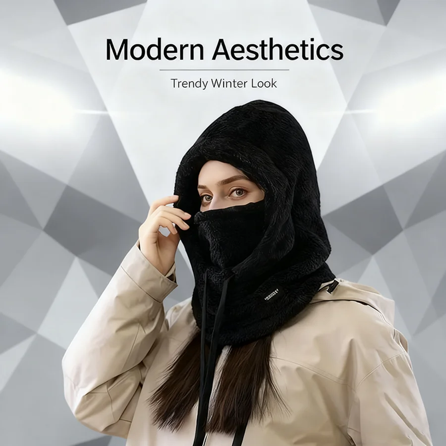 Winter Warmth Integrated Balaclava Face Mask Hat for Women Adjustable Pulling Rope Ear Protection Outdoor Cycling Warm Face Mask