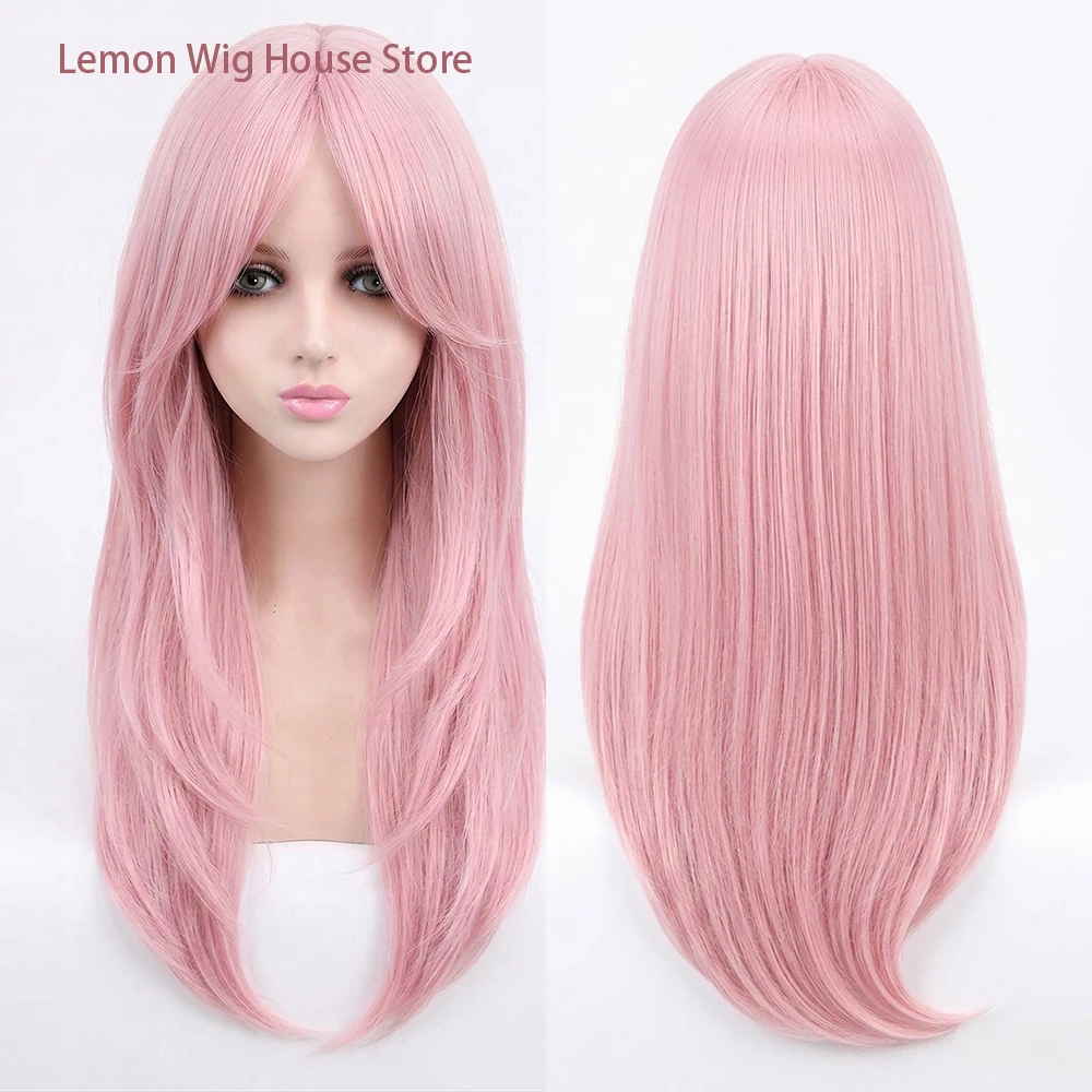 Pink Wig Lolita Long Straight Hair Natural Layered Wigs for Women Daily Cosplay Wig Halloween Heat Resistant Synthetic Hair 가발
