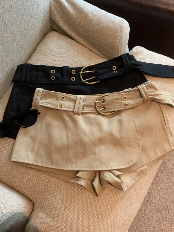 

Retro American Metal Wide Belt Design Low Waist Workwear Skirt Pants Anti-Light Slim A-Line ort Skirt for Young Women