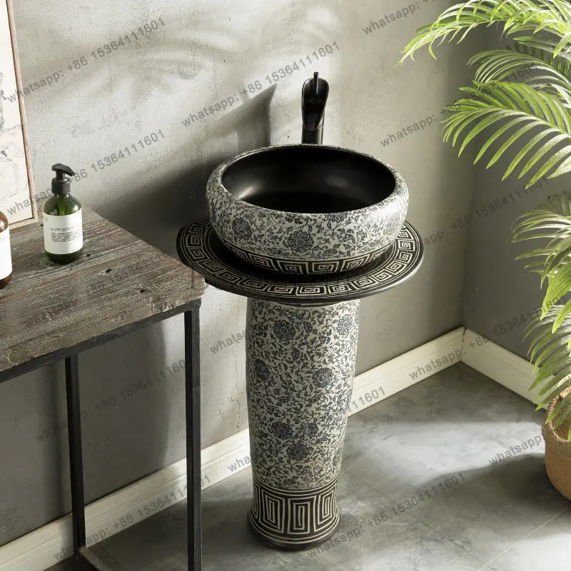 Ceramic column type balcony pillar basin household bathroom integrated floor art washbasin