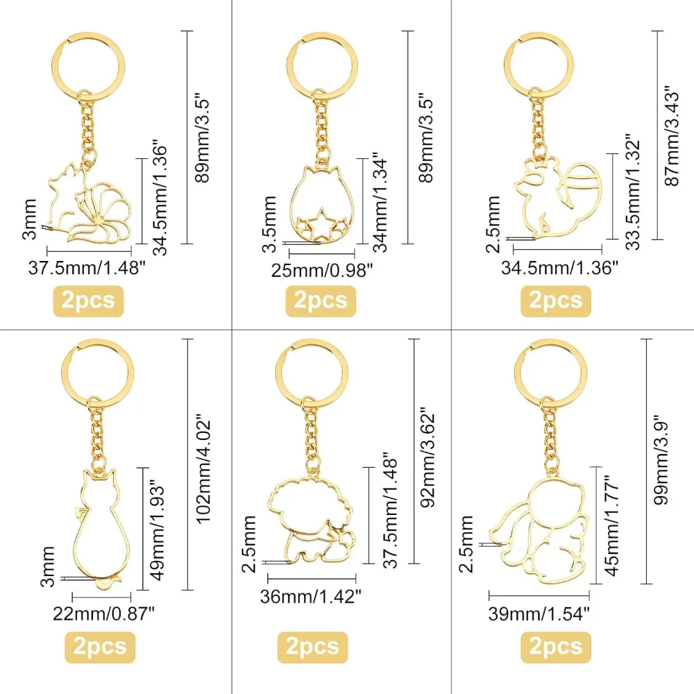 12Pcs Animal Open Bezel Charms with Keychain 6-Style Alloy Frame Pendants Color-Lasting Hollow Squirrel Cat Resin Frames