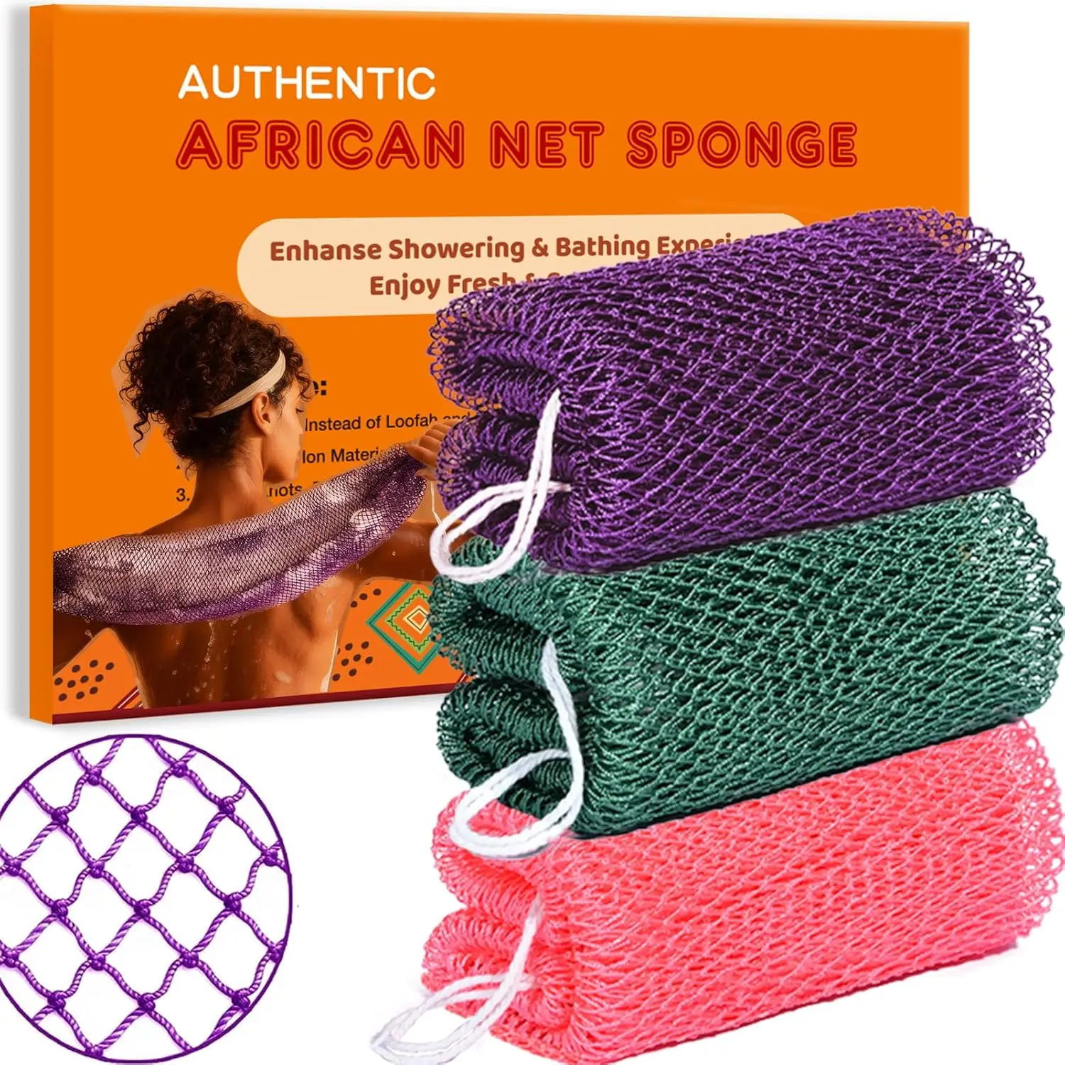 3 Pcs African Exfoliating Net Sponge Body Scrubber Washcloth for Shower Bath, Purple+Pink+Olive Green