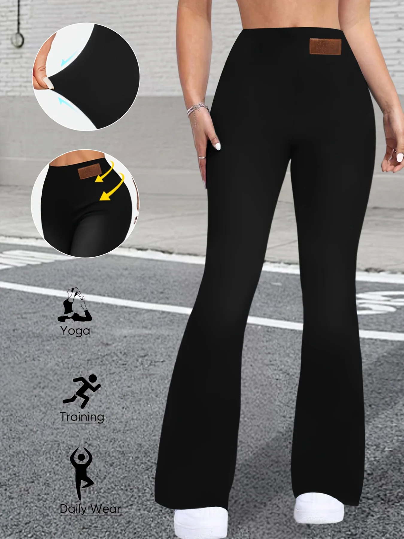 순수한 검정색 여성용 벨바텀 팬츠, 하이웨이스트 탄력 슬림핏, 홈 레저, 스포츠, 요가에 적합