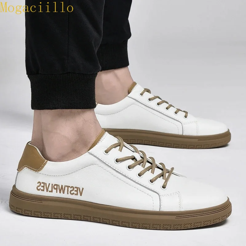 White Gray Tone Flat Sneakers Fashion Durable Outer Sole City Daily Travel Shoes Outdoor Men's Genuine Leather Casual Shoes