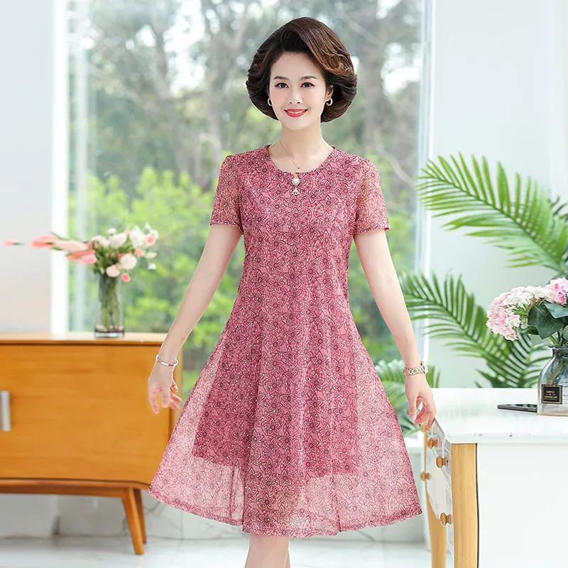 

summer Printing Gauze sweet A-line Floral Dress women Fashion elegant big size Mid-Calf Dress Ladies Korean short sleeve Dresses