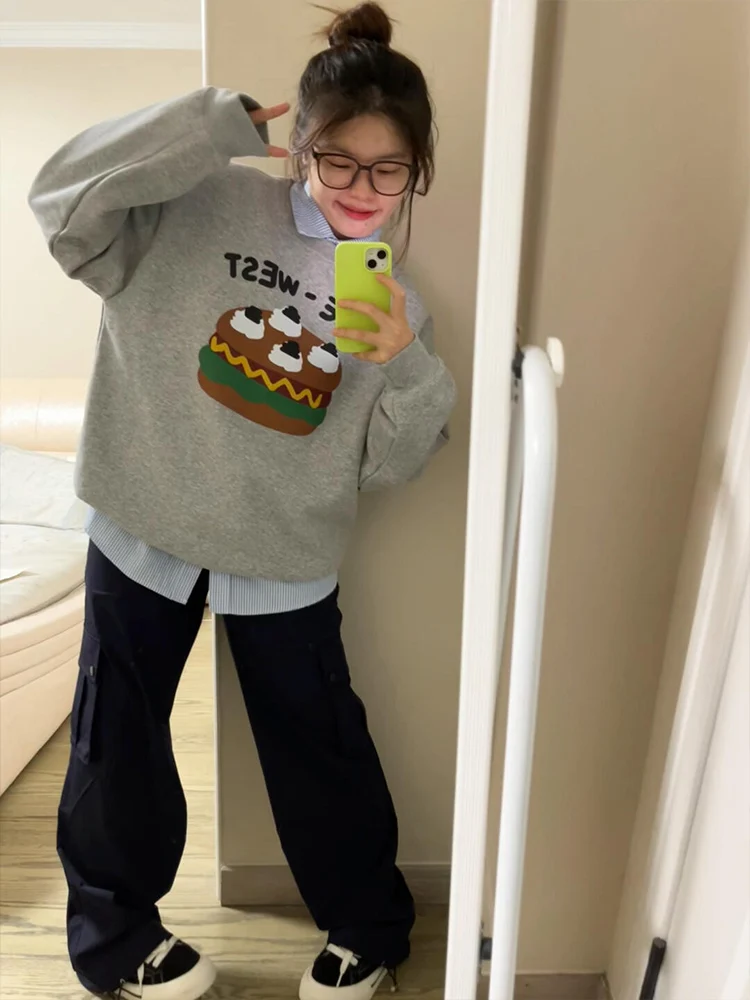 فضفاض جولة Ne هوديي المرأة ربيع الخريف كعكة برغر الكرتون البلوز مريحة كسول Sle ملابس خارجية عارضة الشارع الشهير #1