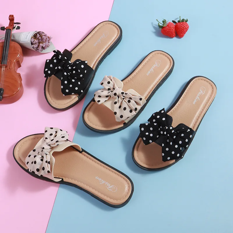 Summer 2024 New Women Slippers Female Wave Dot Bow Knot Flip Flops Ladies Indoor and Outdoor Wear Beach Fashionable Sandals