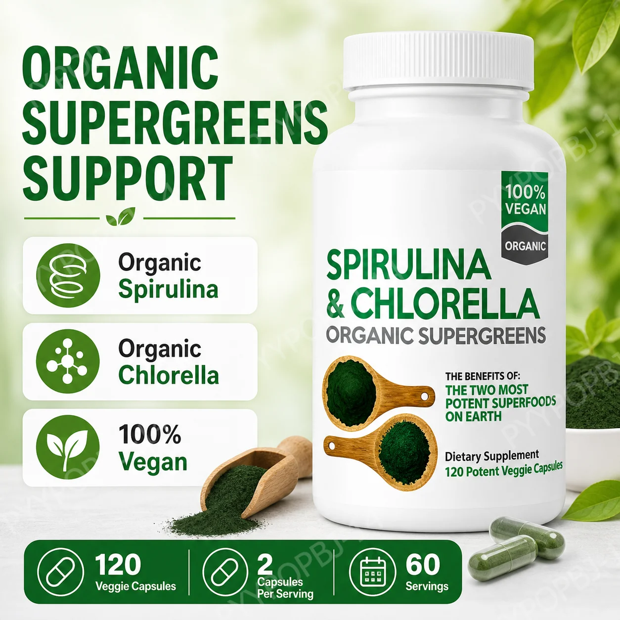 Cápsulas de Supergreens Orgánicos de Espirulina y Chlorella, 120 Cápsulas Vegetales, Alga Verde a Base de Plantas, Apoyo Nutricional Diario Vegano