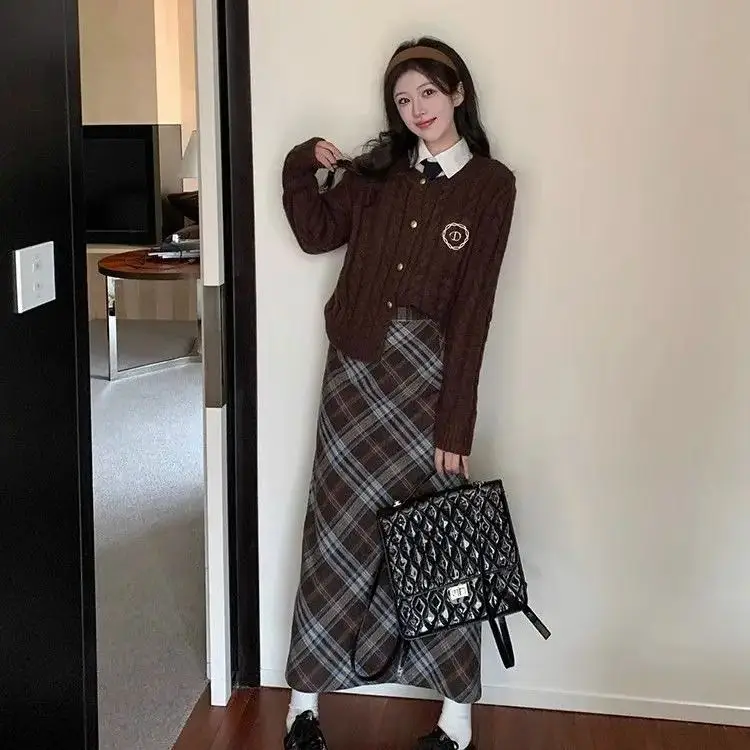 

Korea Two-Piece Preppy Style Twist Sweater Knitted Cardigan Coat Plaid Skirt Autumn Winter Matching Set Women