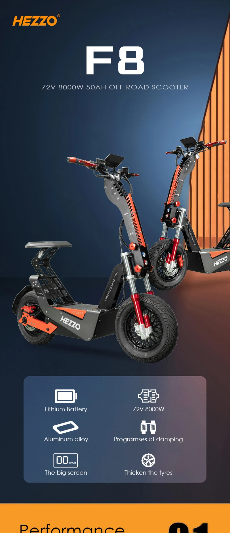 HEZZO F8 Electric Scooter 16 Inch Foldable 72v 8000W 62.5MPH 50Ah