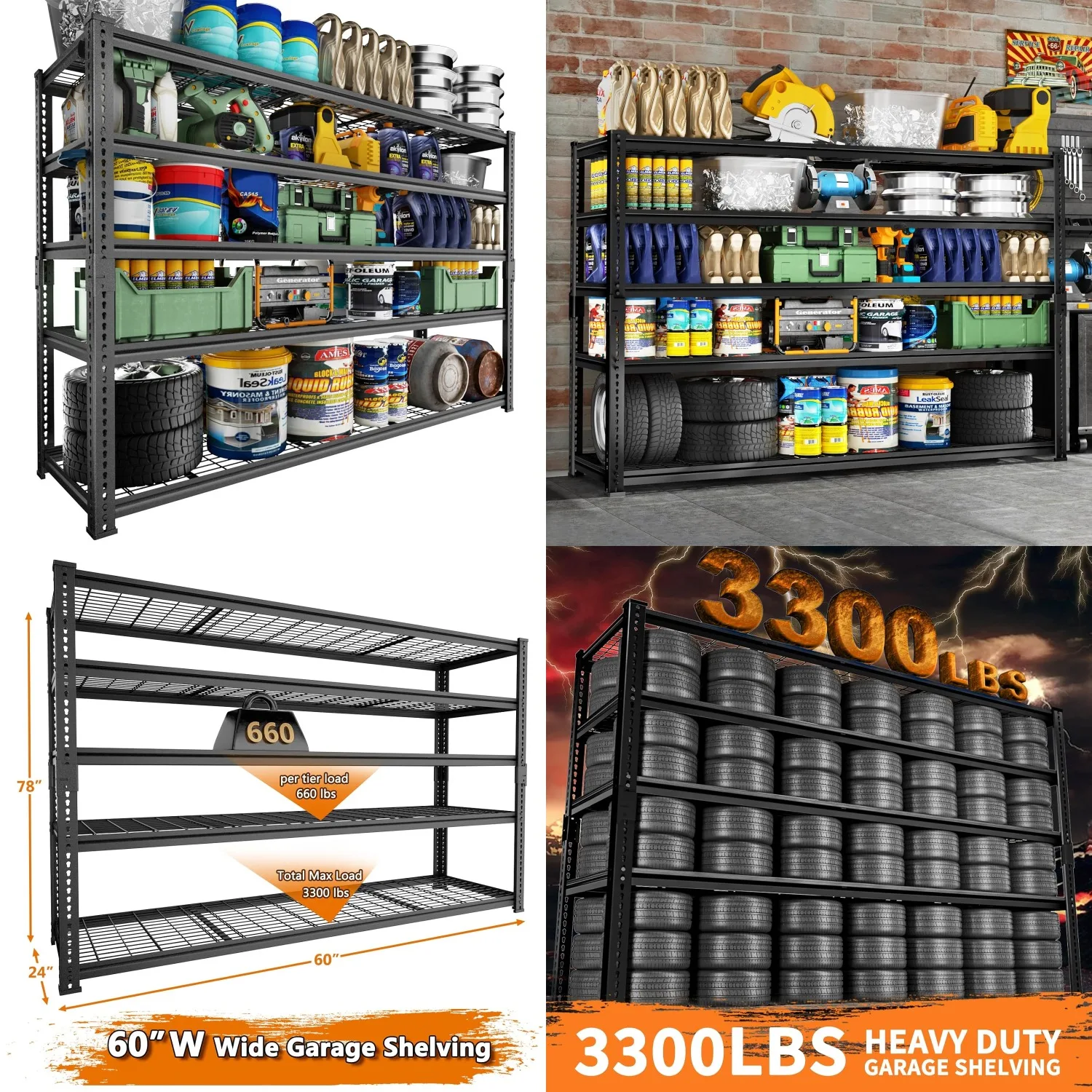 

3300lb 5-Tier Adjustable Metal Garage Shelving Heavy Duty Wire Rack Utility Storage Unit 60x24x78in Kitchen Pantry, Customized